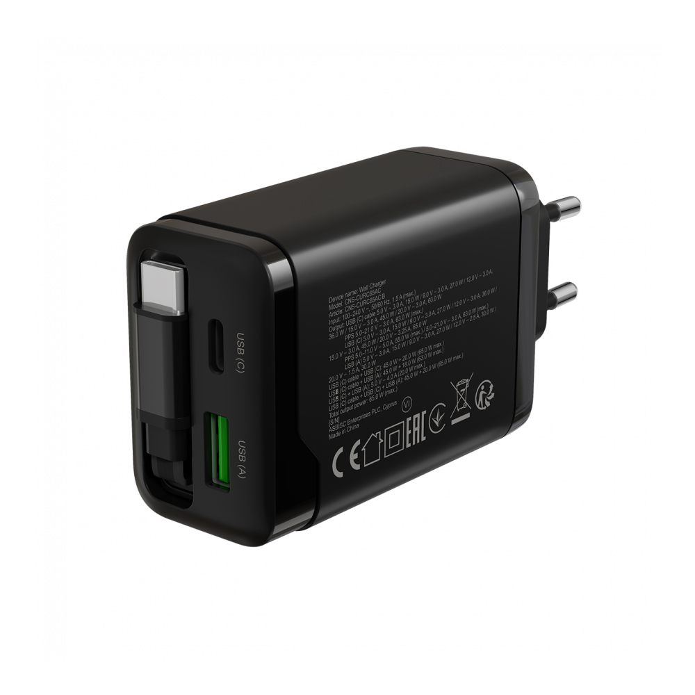 CANYON OnCharge 65RC, Build-In Cable USB-C, 65W, Black