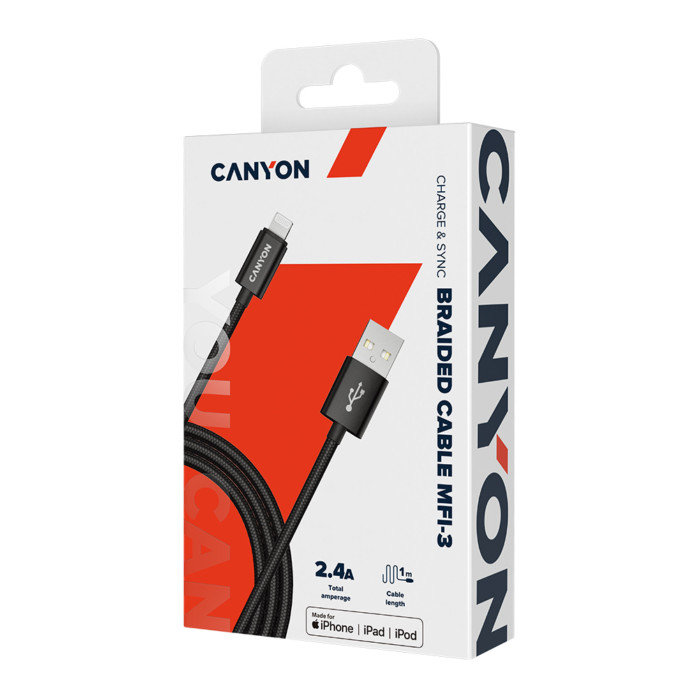 CANYON cable MFI-3 Lightning 12W 1m Black