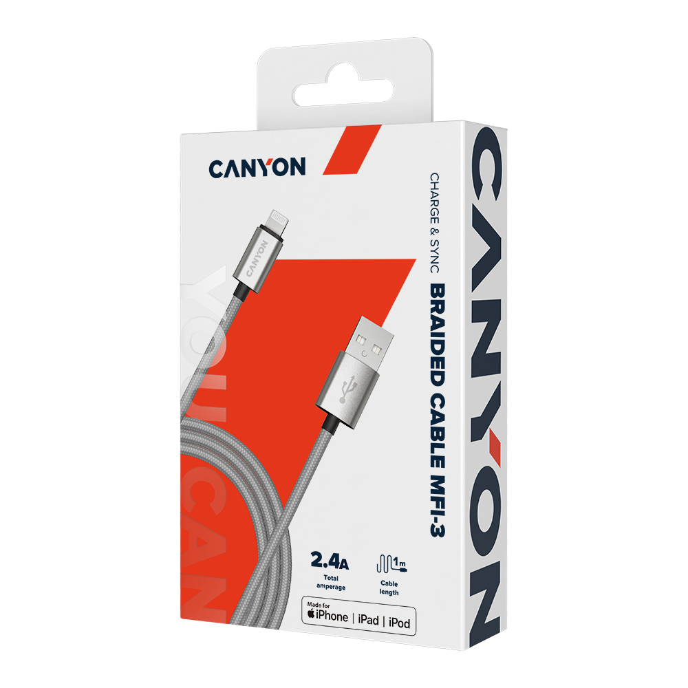CANYON cable MFI-3 Lightning 12W 1m Grey