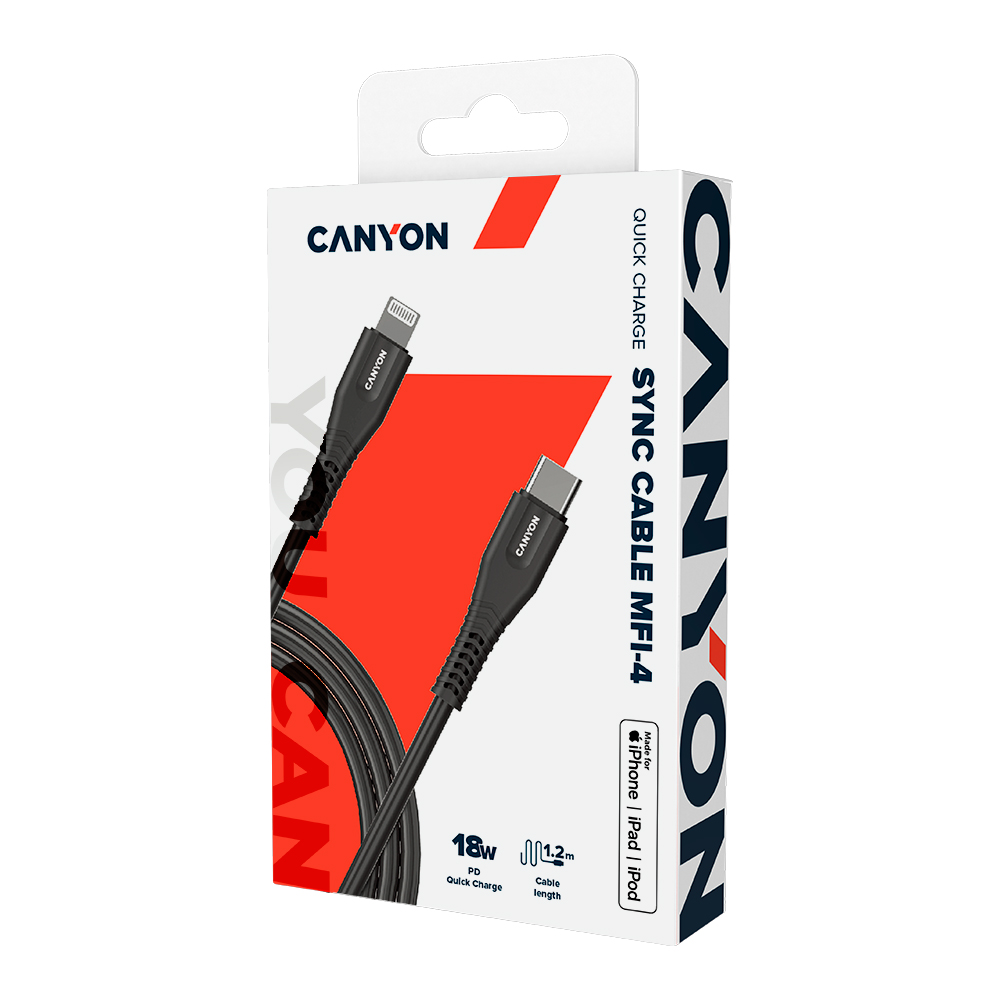 CANYON cable MFI-4 Type-C to Lightning 1.2m Black